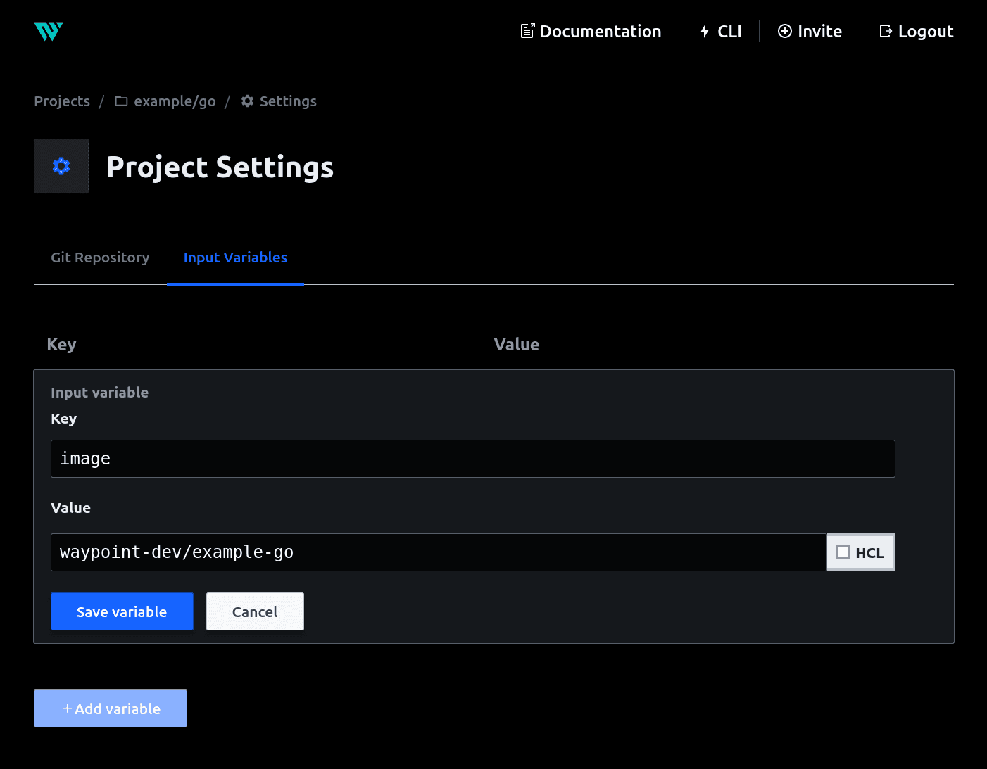 Input variables through Project Settings in Waypoint UI