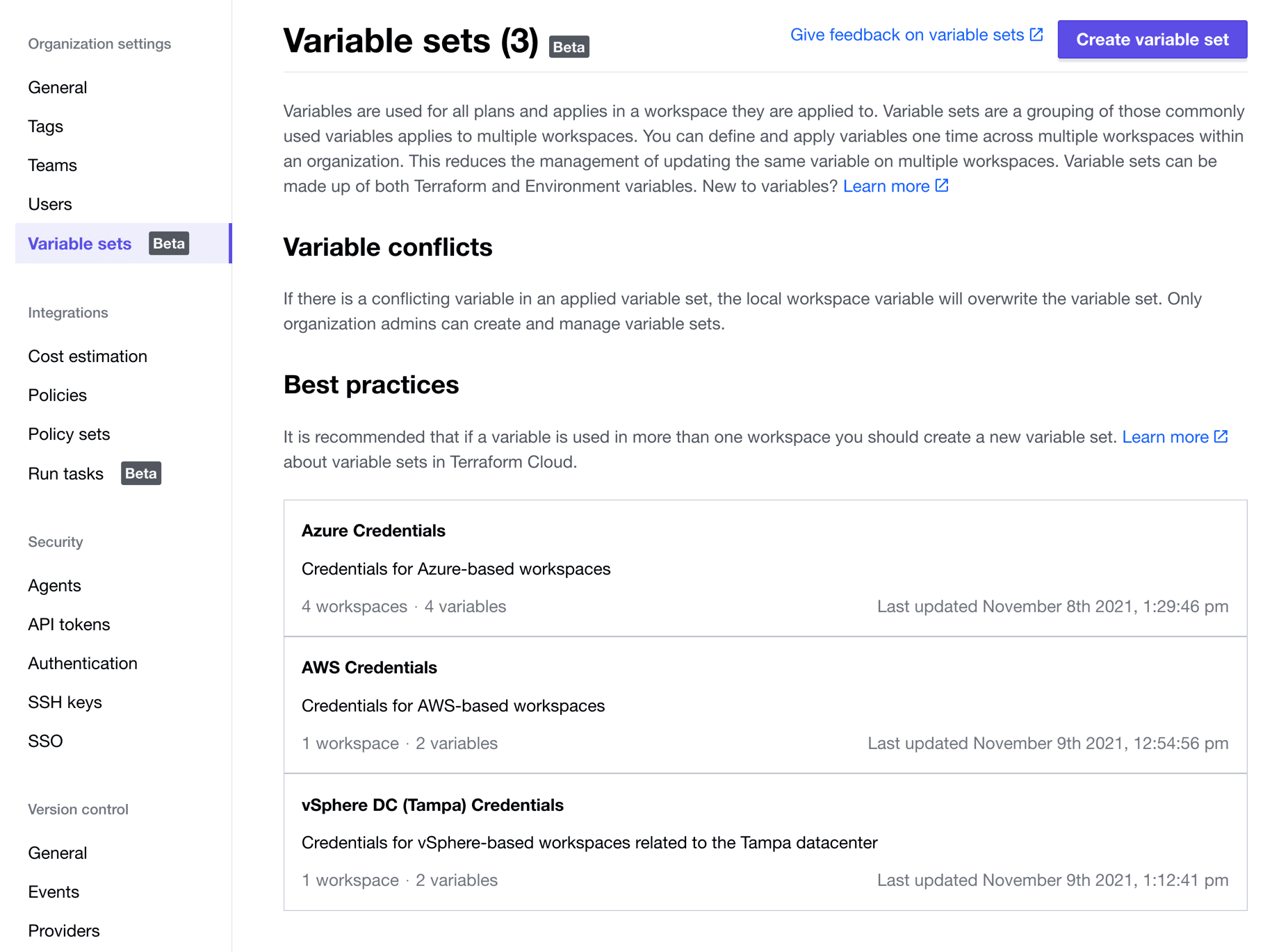 Variable sets management pane, located within the Terraform Cloud organization settings