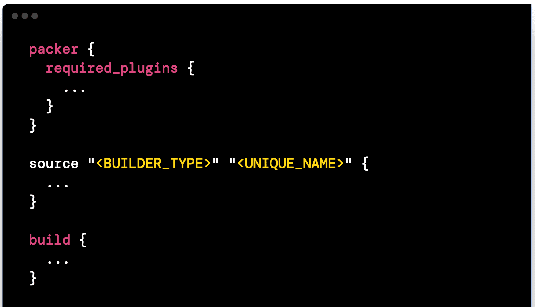 The `packer` block contains Packer settings, such as specifying a required Packer version, the `source` block configures a specific builder plugin, and the `build` block defines what Packer should do with the image after it launches