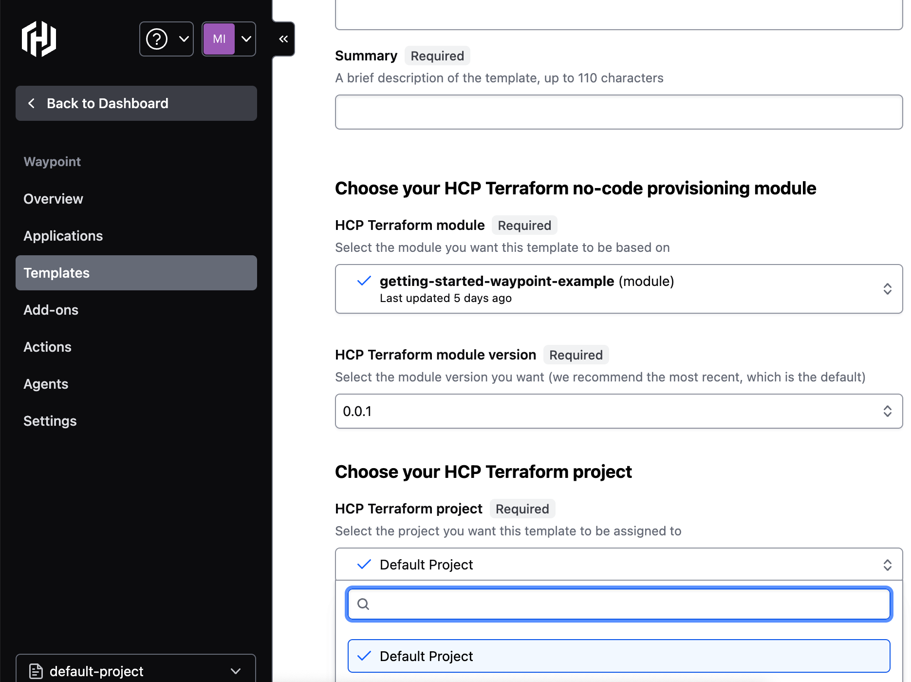 Selecting an HCP Terraform project in HCP Waypoint UI