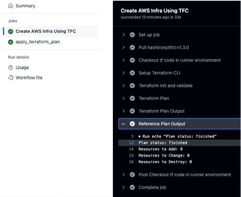 Workflow log output for plan