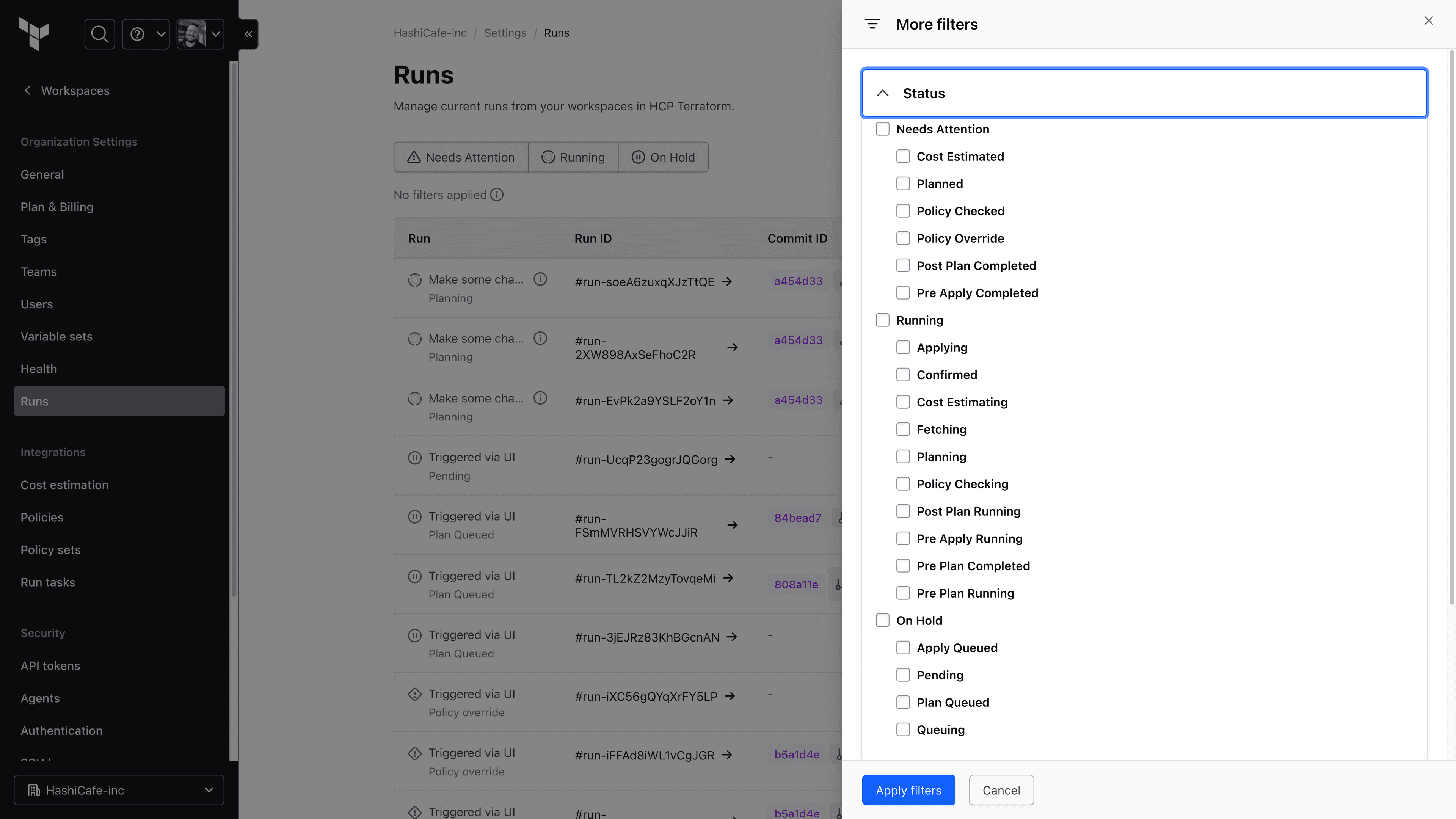 The updated organization runs view displays all pending runs with advanced filtering.