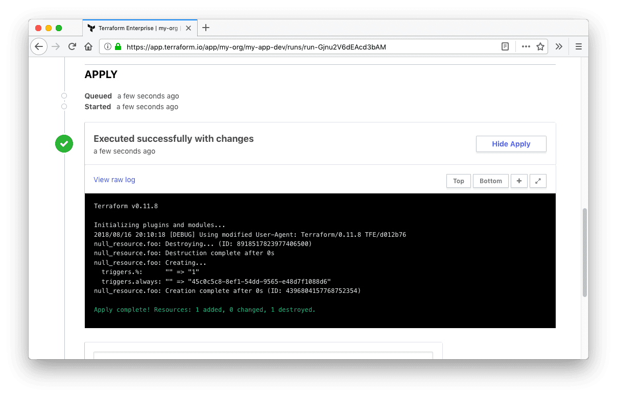 Screenshot of Apply in Terraform Enterprise