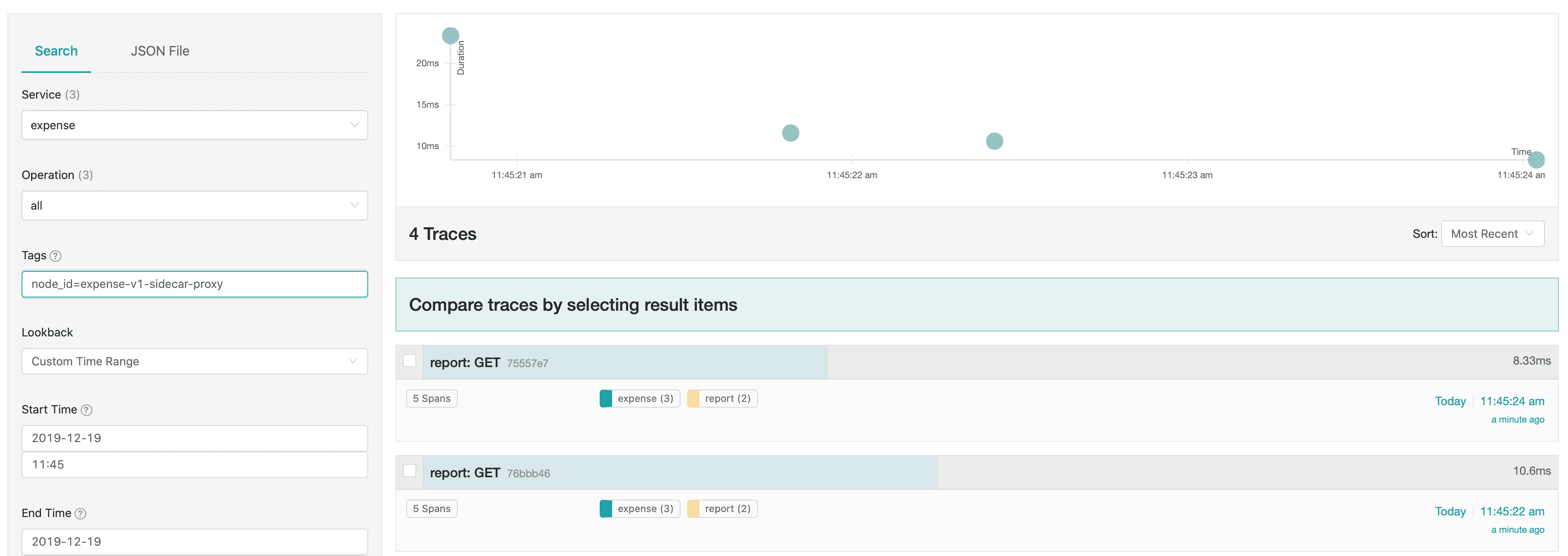 Jaeger UI with 4 traces to expense version 1