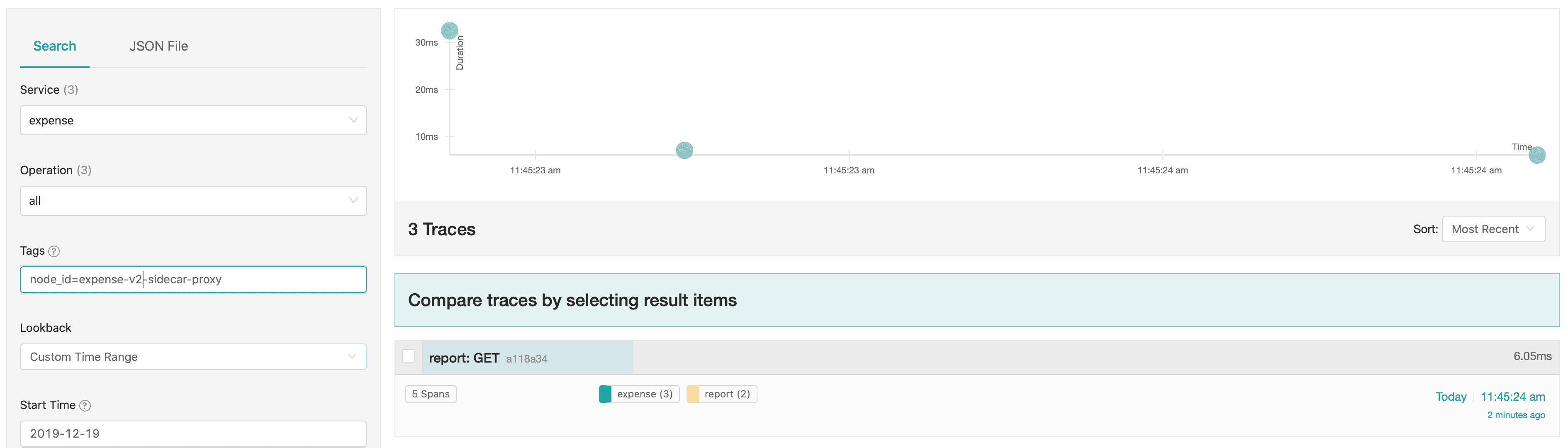Jaeger UI with 3 traces to expense version 2