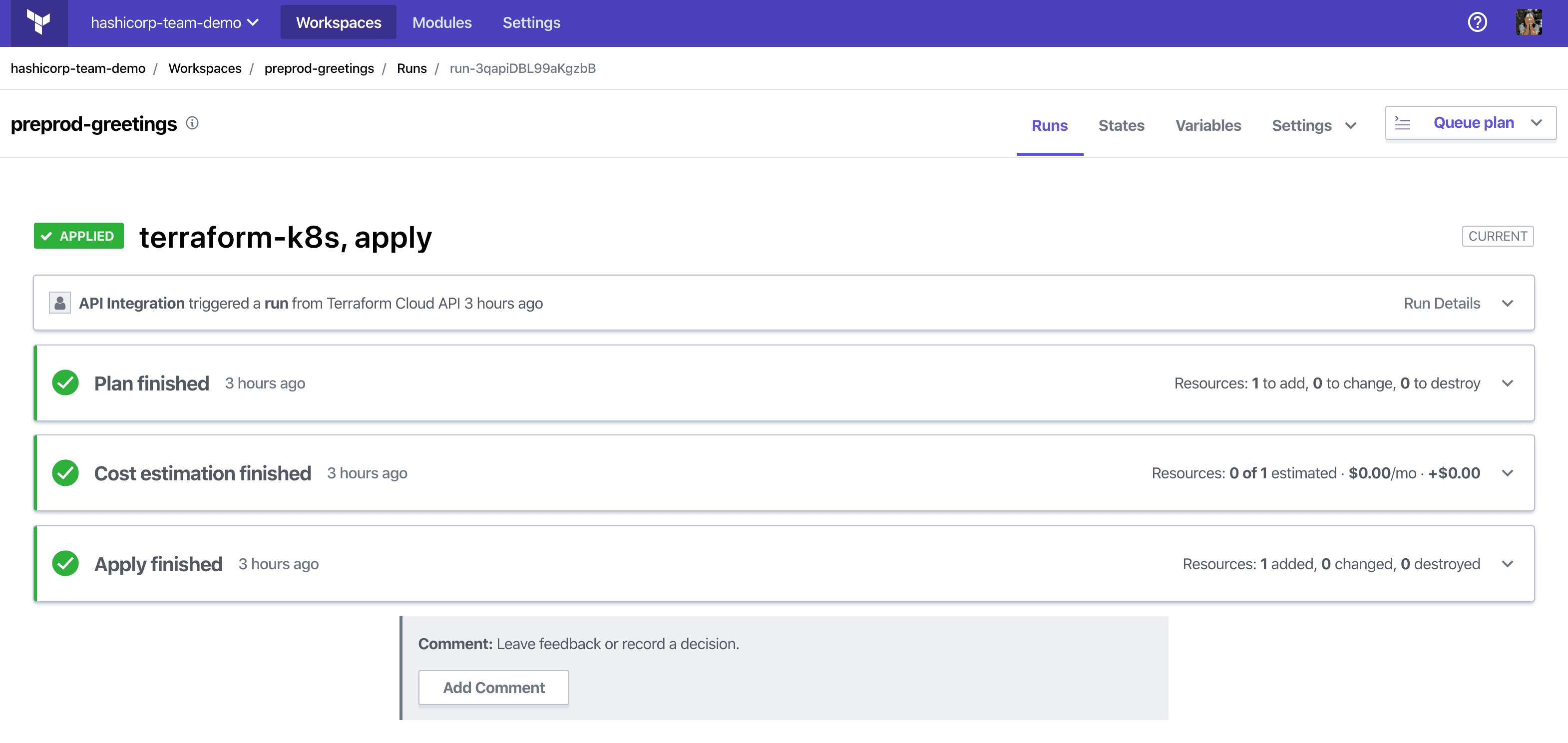 Workspace in Terraform Cloud after run applied