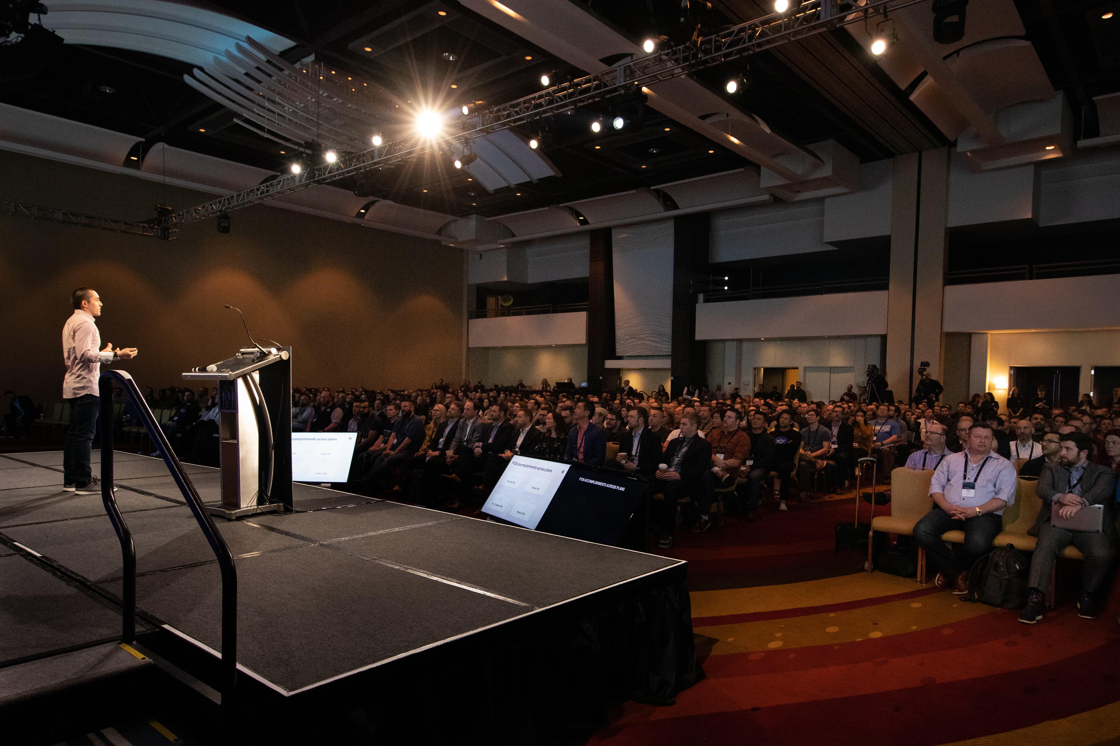 HashiCorp co-founder and CTO, Mitchell Hashimoto speaks to HashiCorp employees at the company’s annual HashiCorp Exchange (multi-day, company wide all-hands) in February 2020