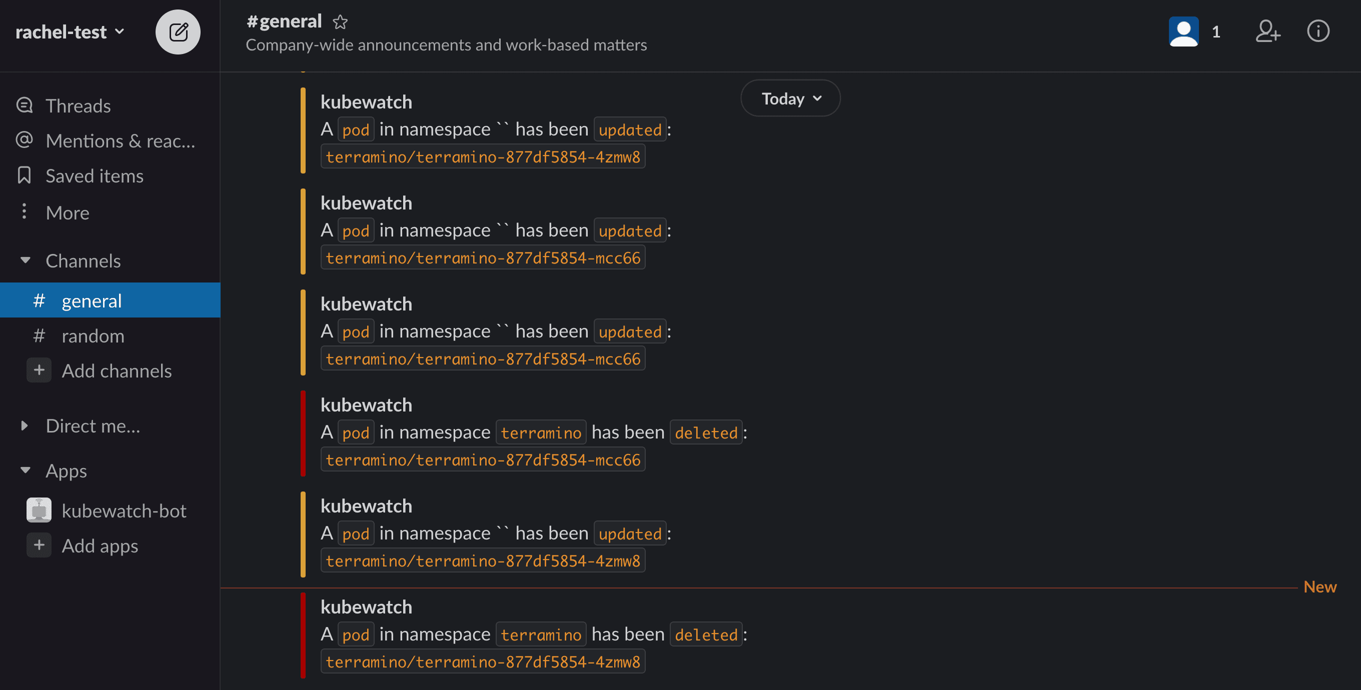 View of Kubewatch alerts in Slack channel