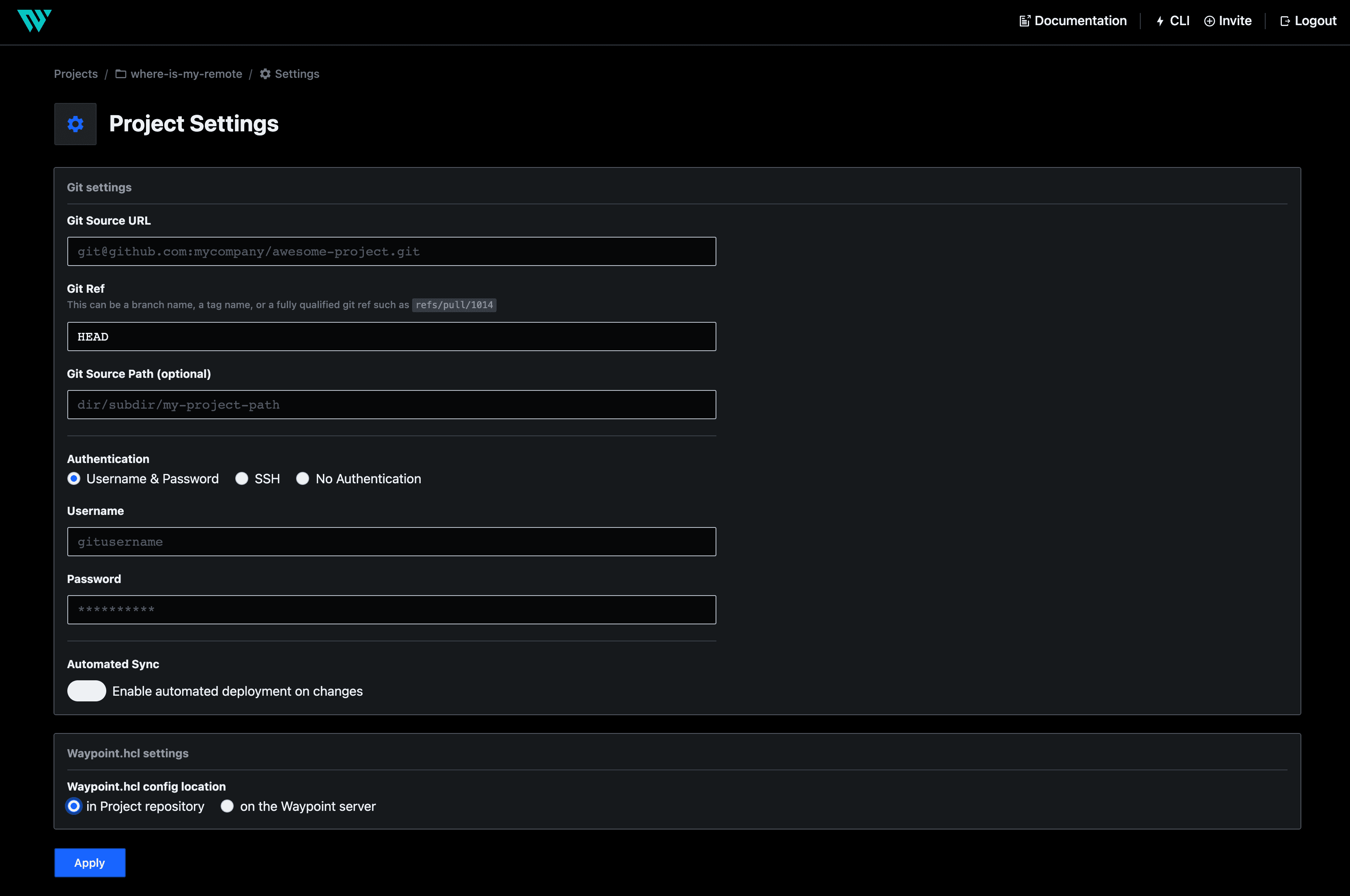Waypoint Project Settings
