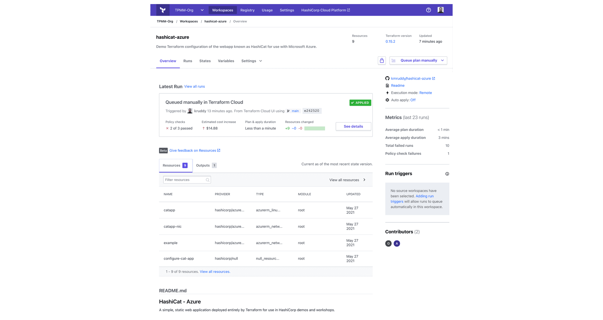 Terraform Cloud workspace overview