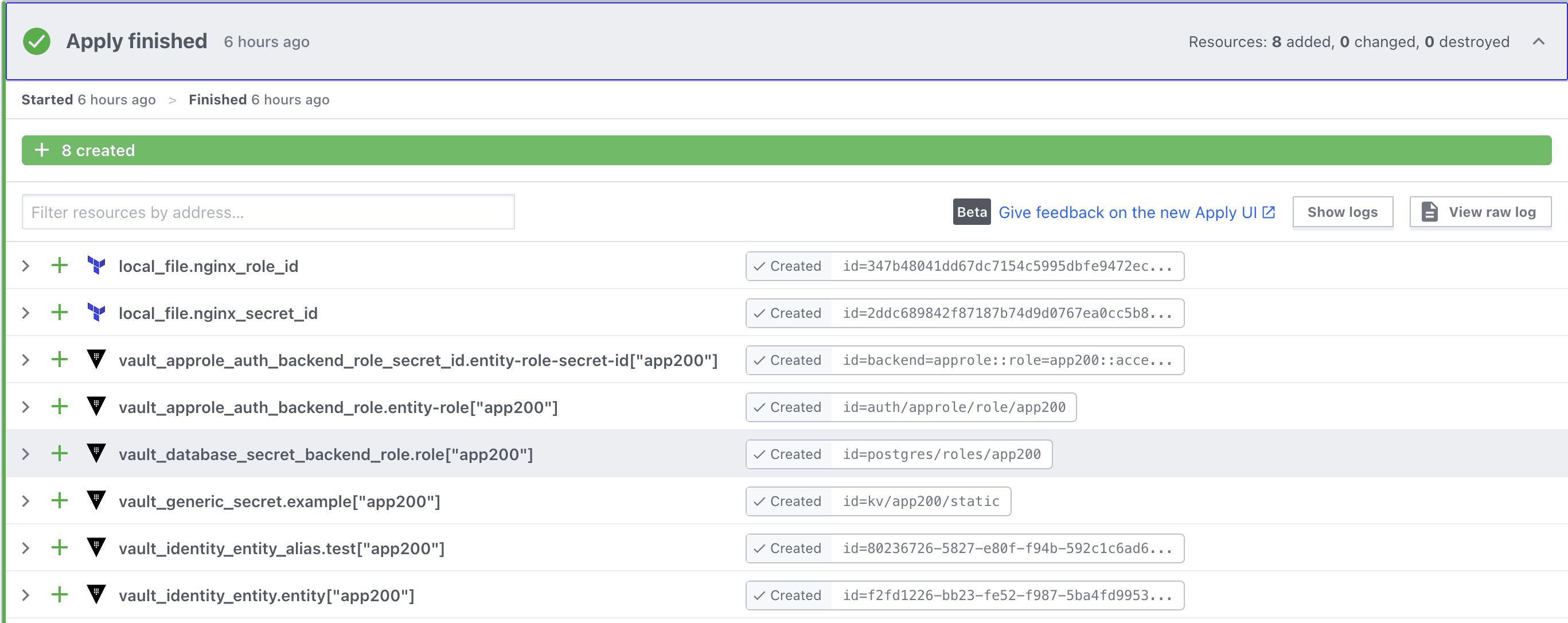 Terraform Cloud  UI showing app200 related resources being created