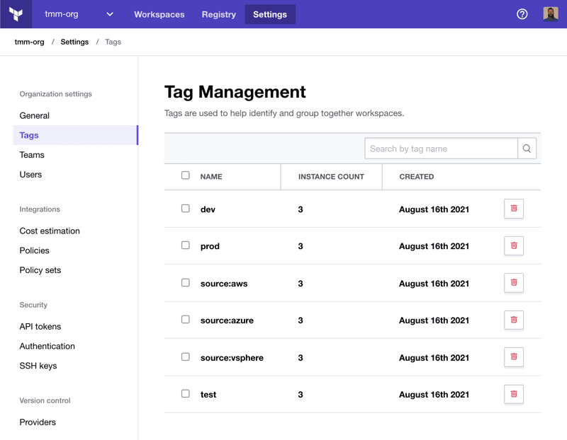Tag management page