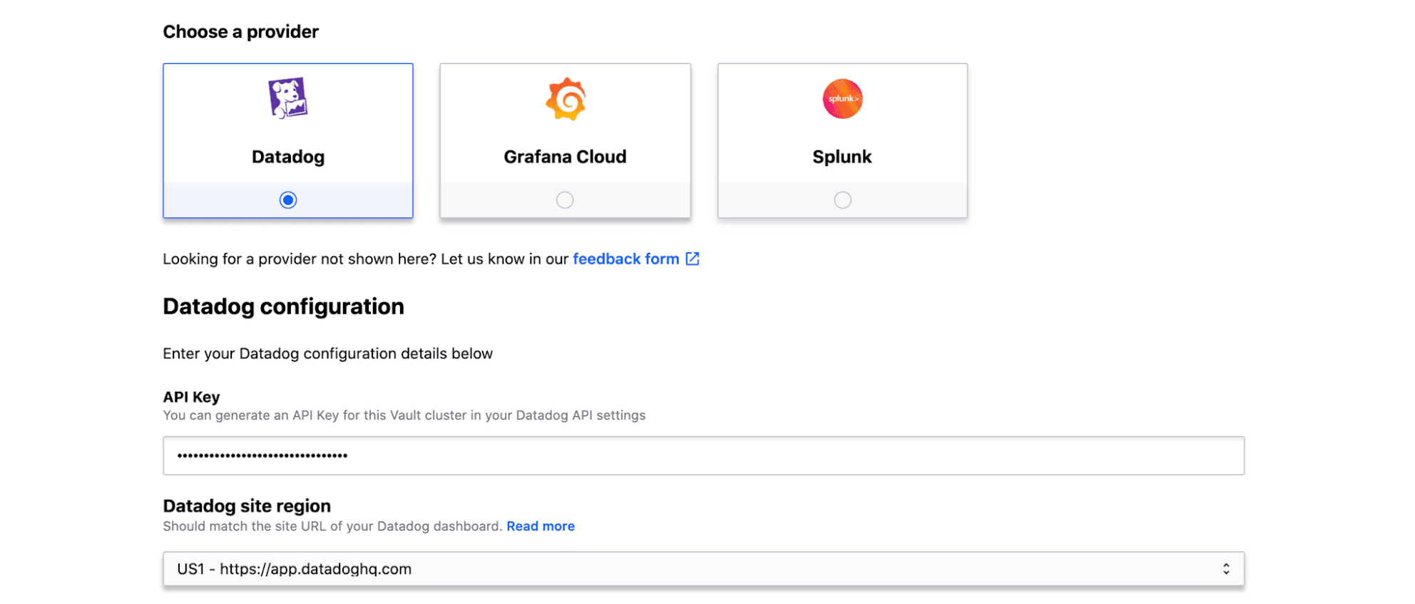 HCP Vault observability provider integration menu for easy setup.