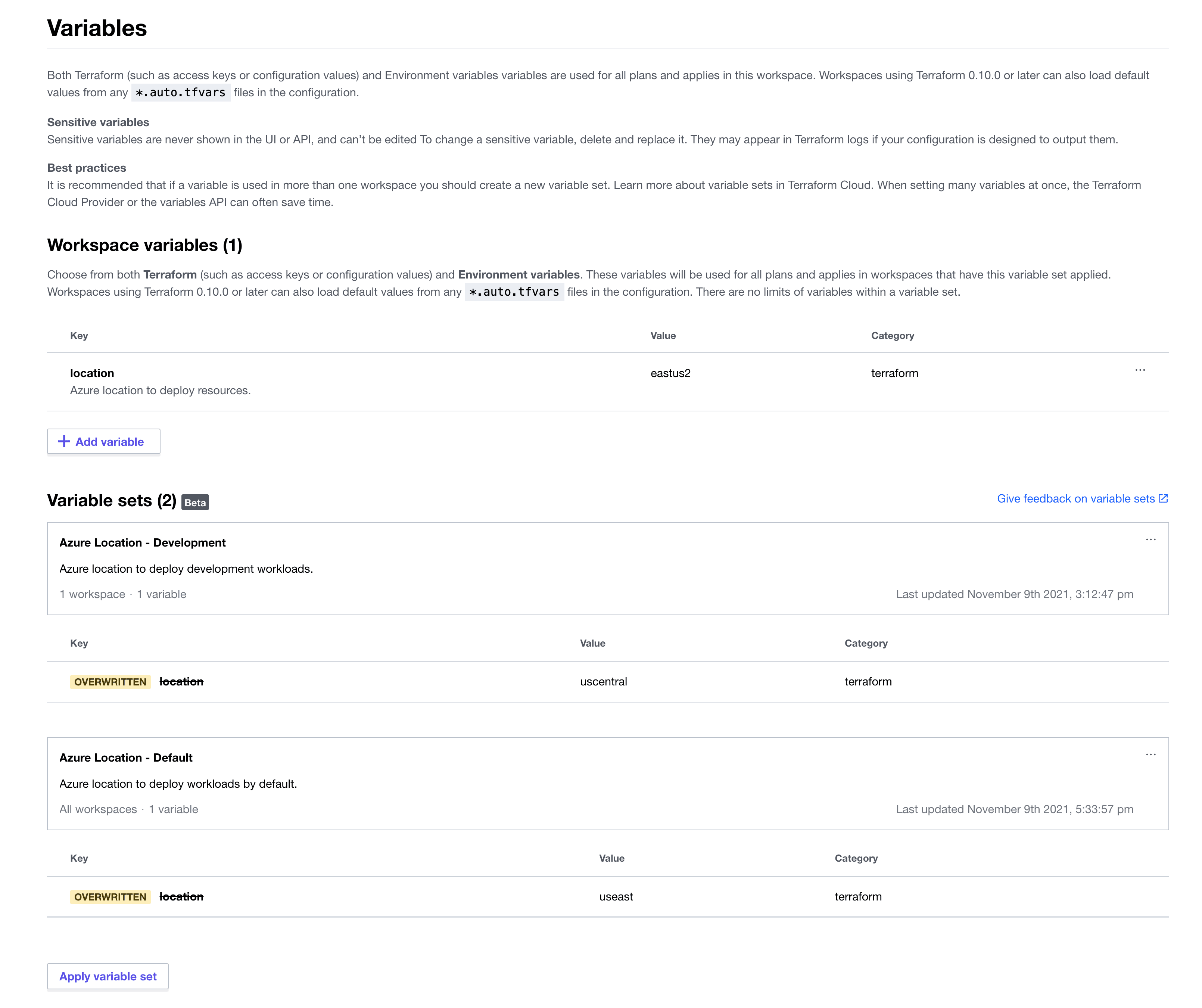 Workspace variable pane, showing the precedence of the applied variable