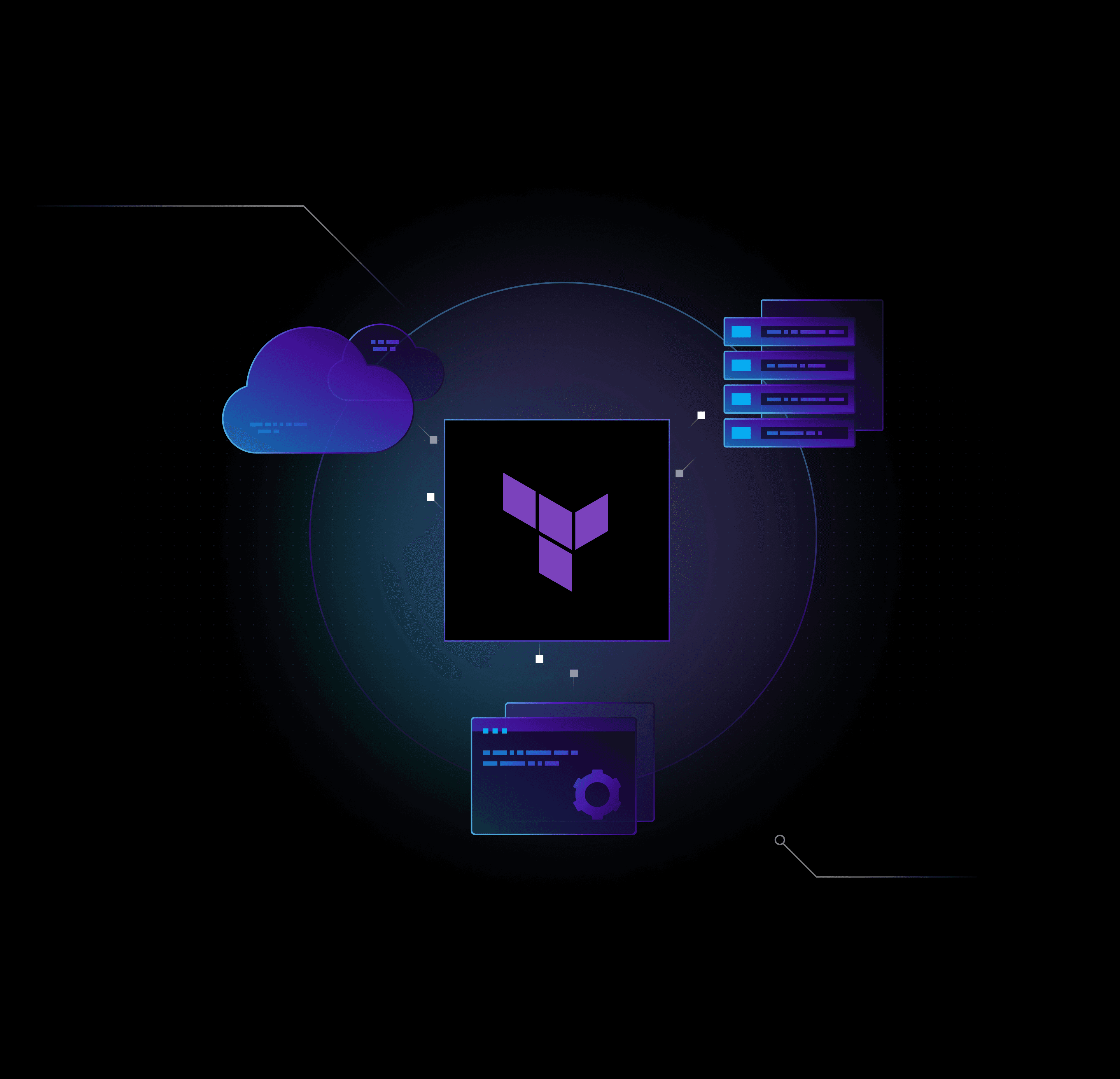 Black image with dark purple terraform logo in the center