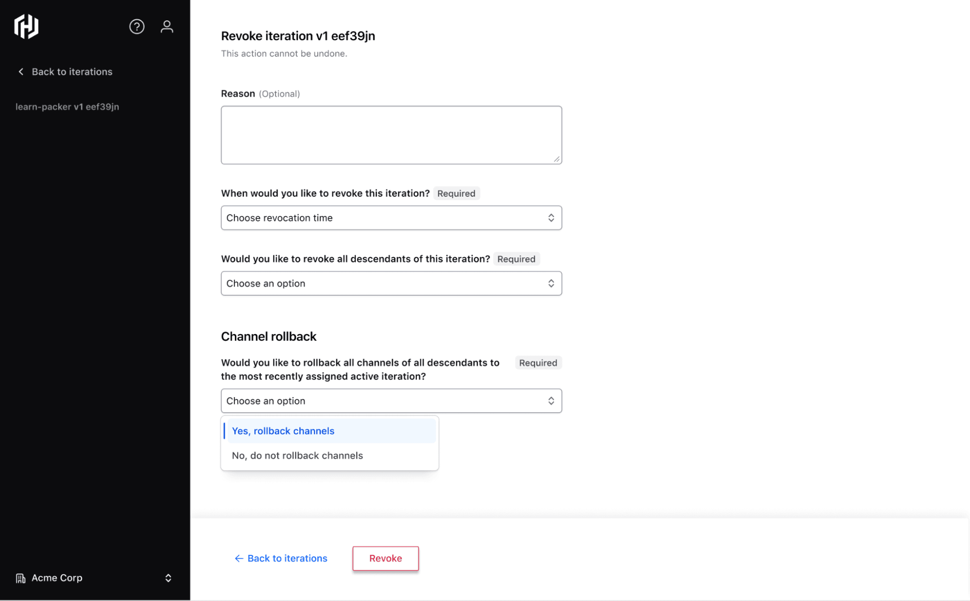 Immediate channel rollback for descendant images
