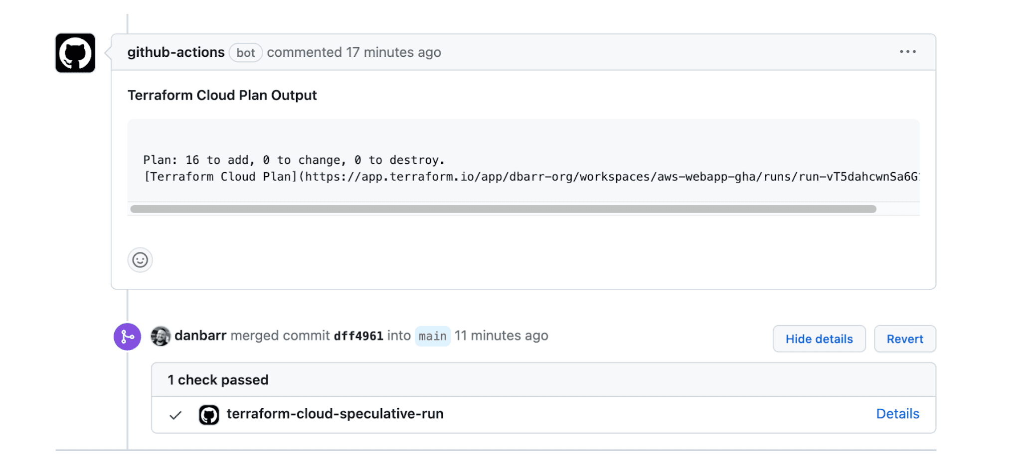 A Terraform Cloud run executed from a GitHub Actions pipeline using the new template.