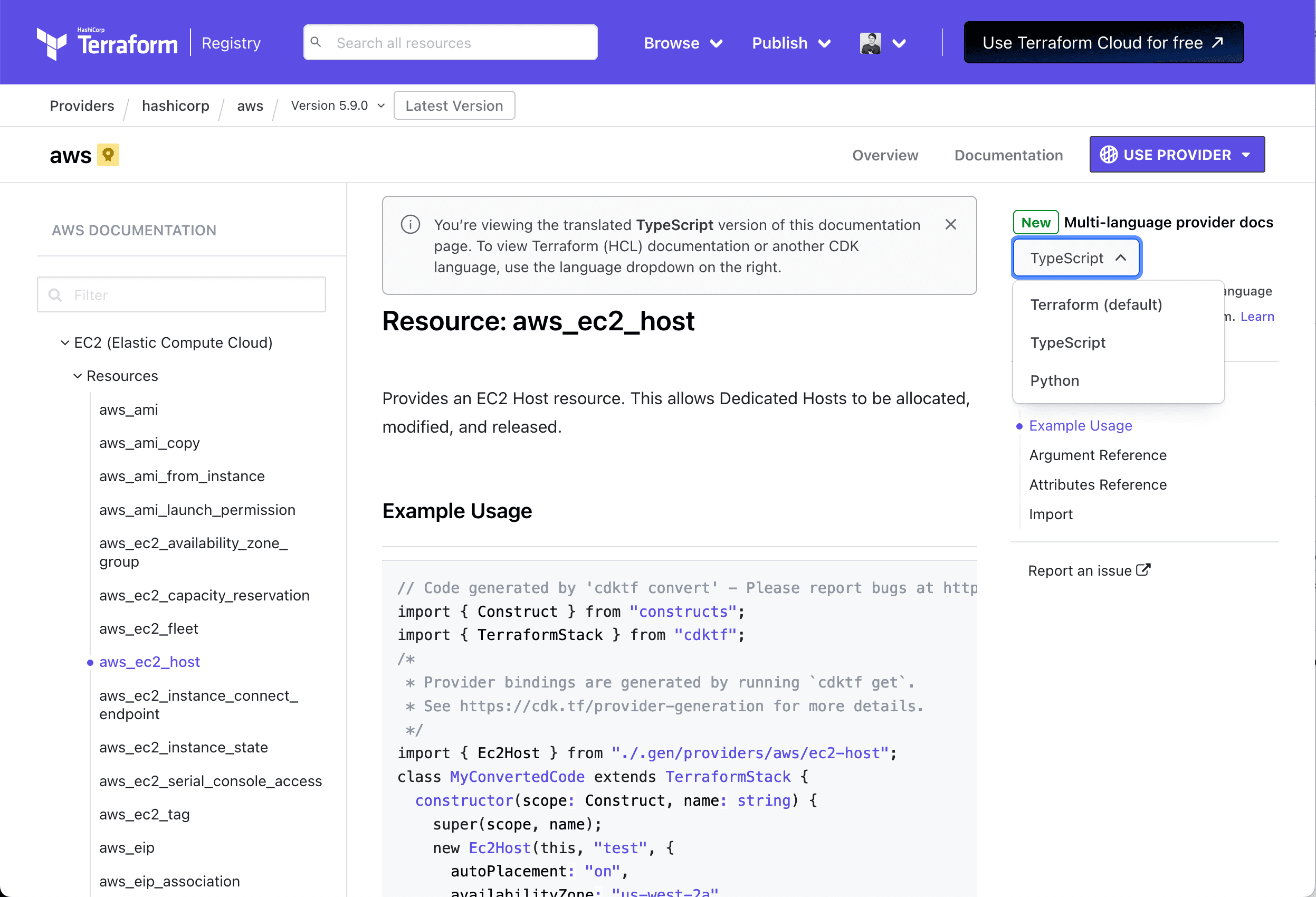 Terraform multi-language provider docs provide code samples in the languages that CDKTF supports.