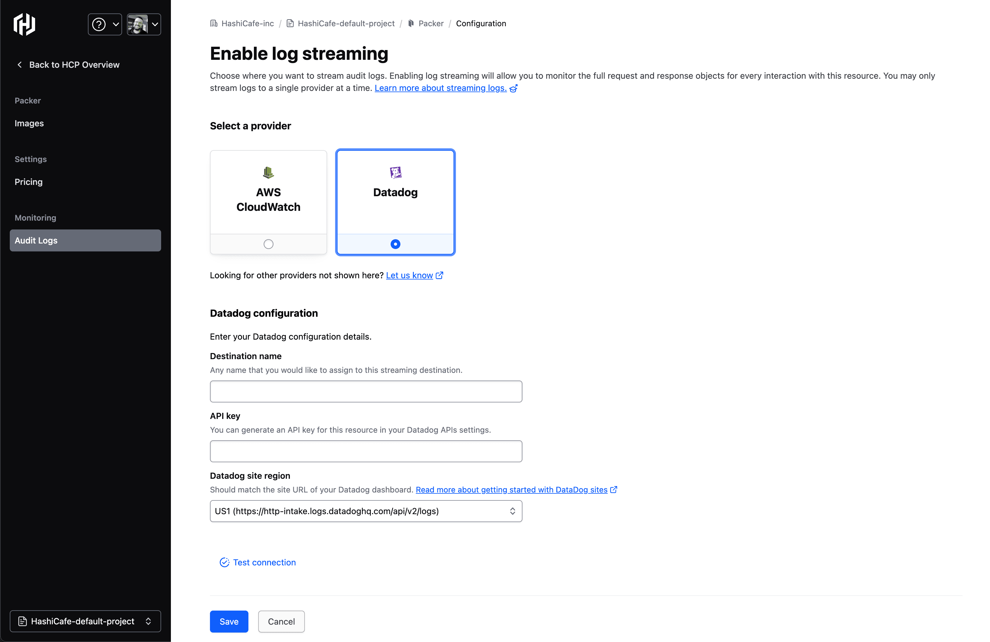 HCP Packer enabling log streaming to Datadog