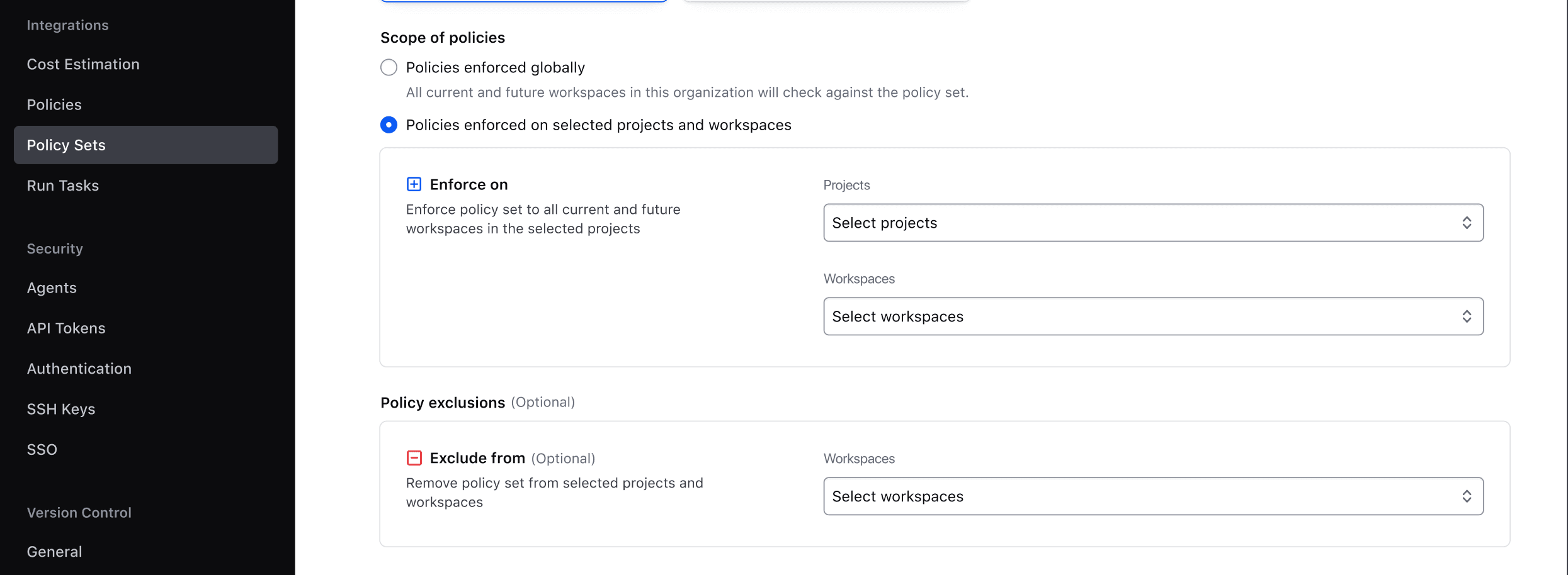 Soon users will be able to exclude a list of workspaces from a policy set.
