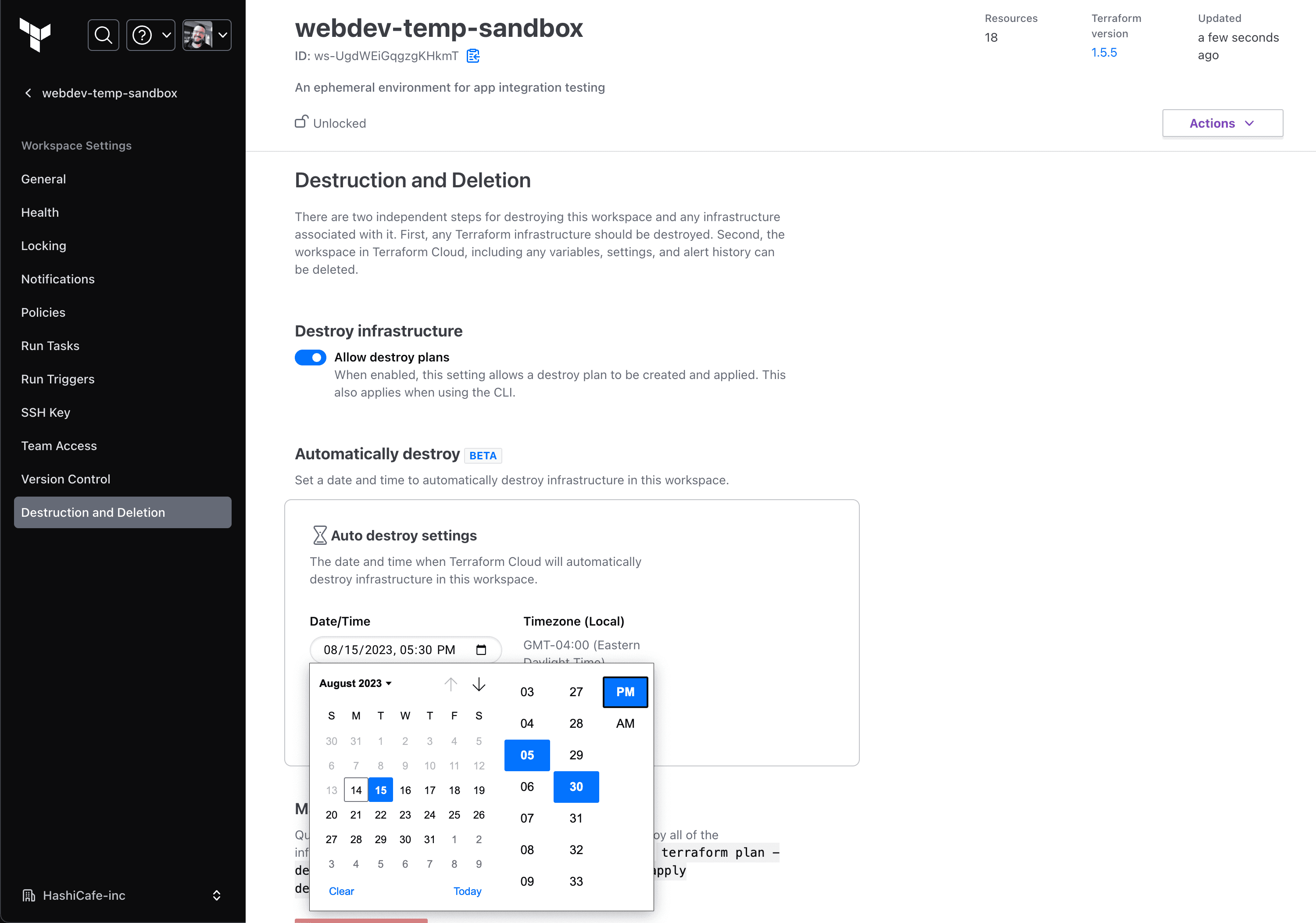 Auto destroy settings