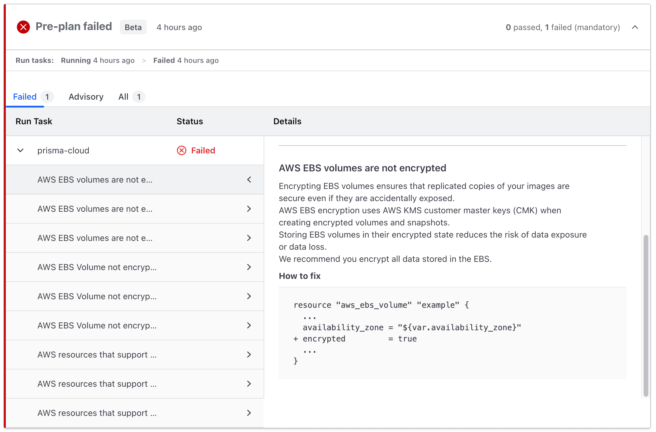 View run task failure details and recommended solutions directly in Terraform Cloud.