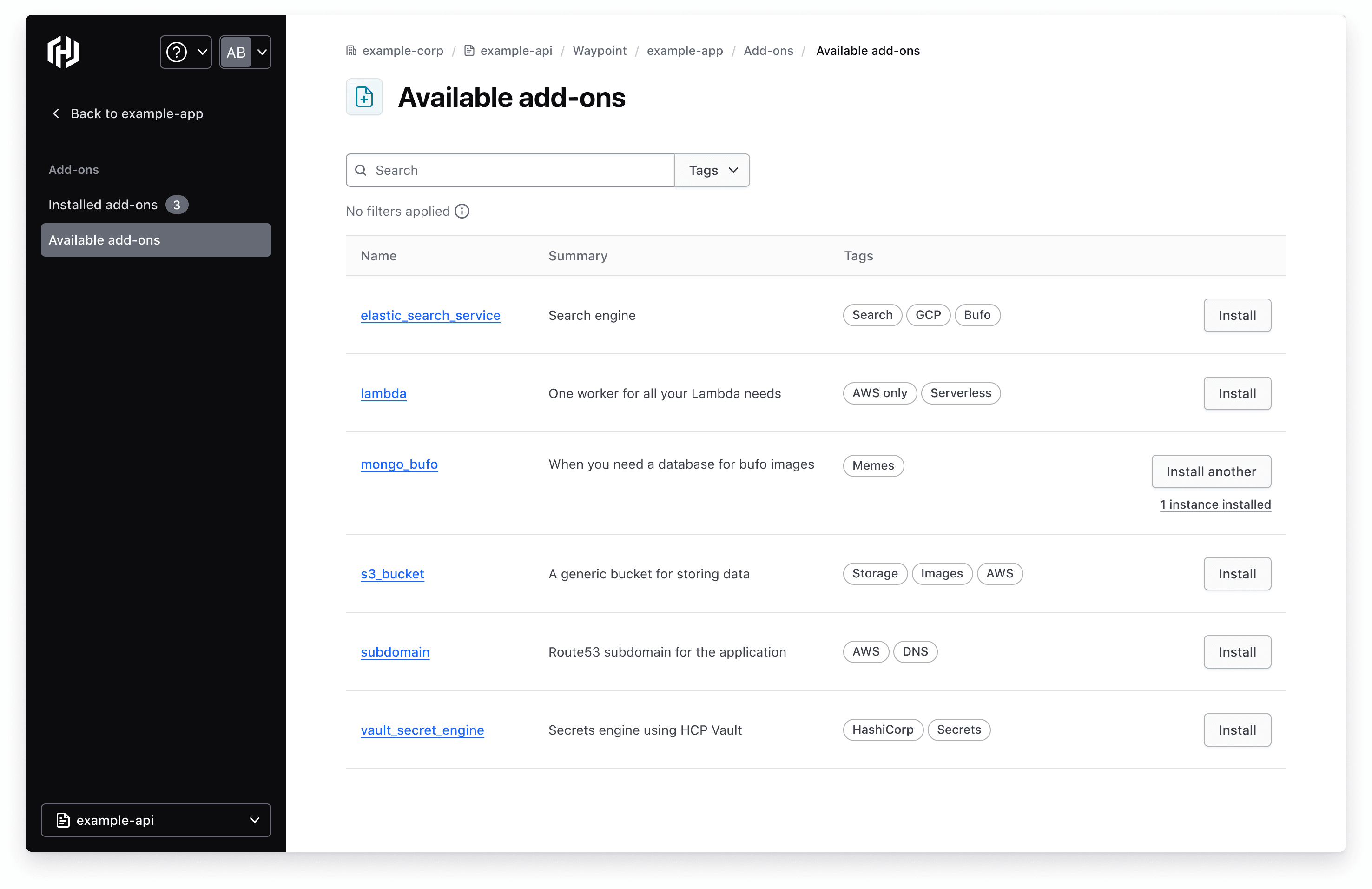 HCP Waypoint UI showing a list of available add-ons.