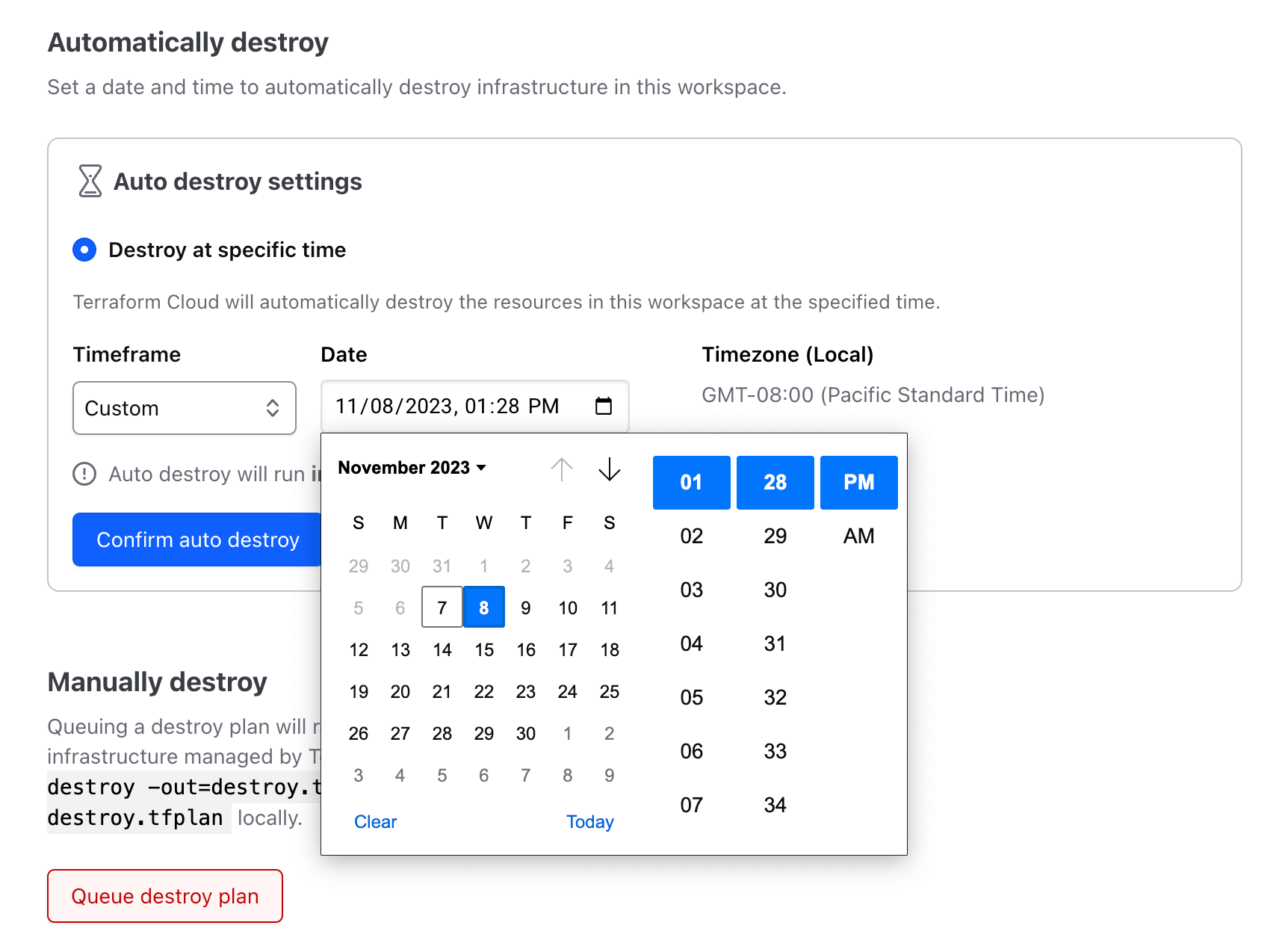 Auto-destroy settings can be found in workspace settings.