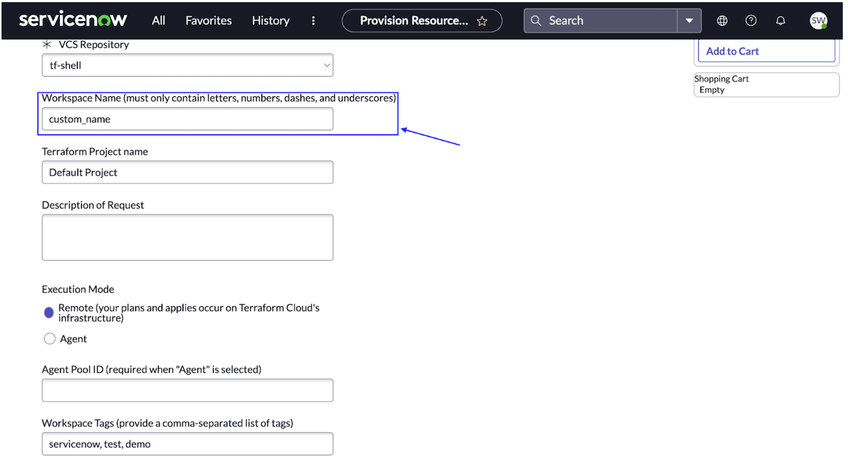 Service Now workspace name field