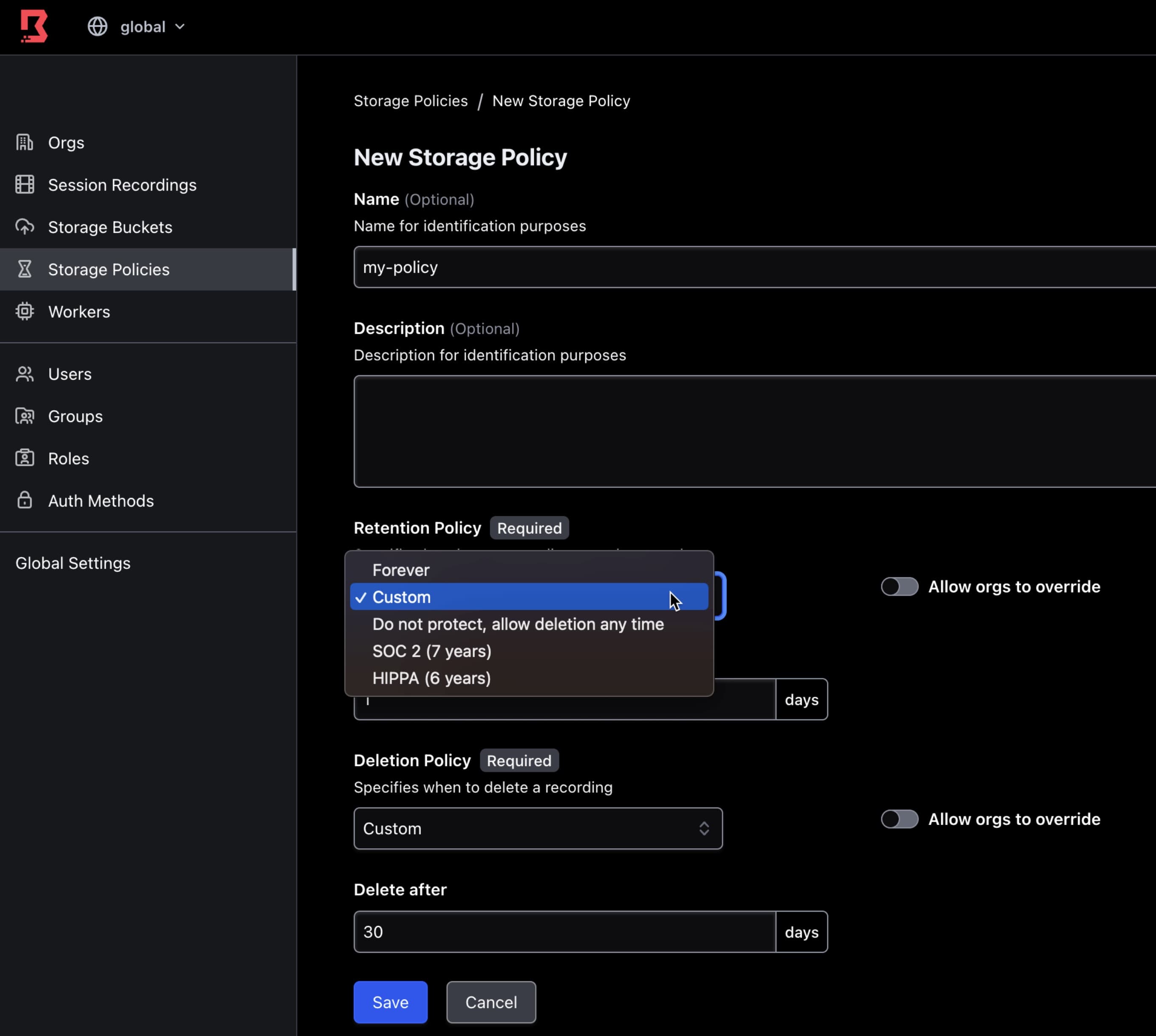 New Boundary storage policies let administrators set a retention and an auto-deletion policy. Admins can pre-set policies like SOC 2 and HIPAA with pre-configured time periods, or customize their own.