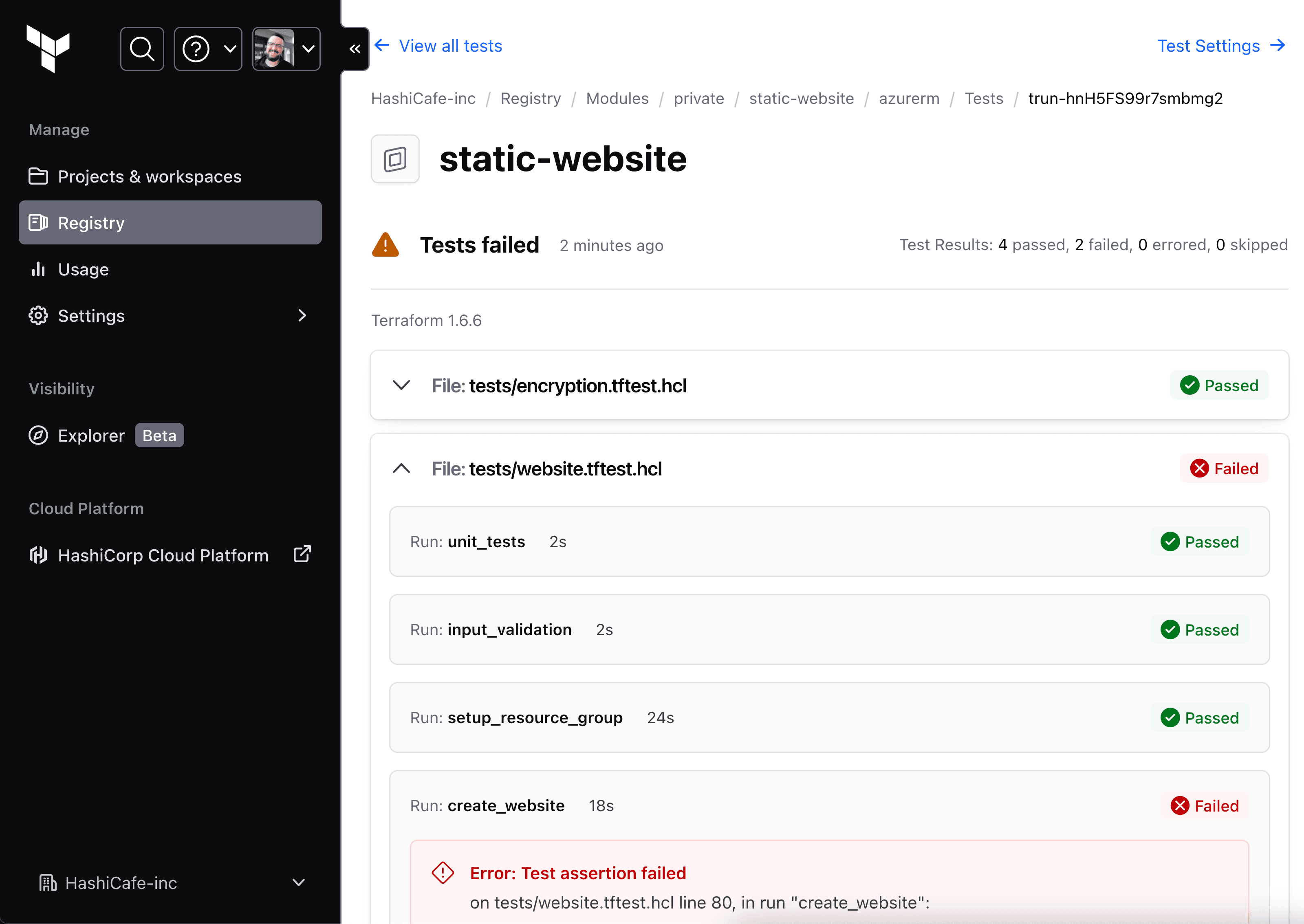Test results are displayed in the Terraform Cloud private registry