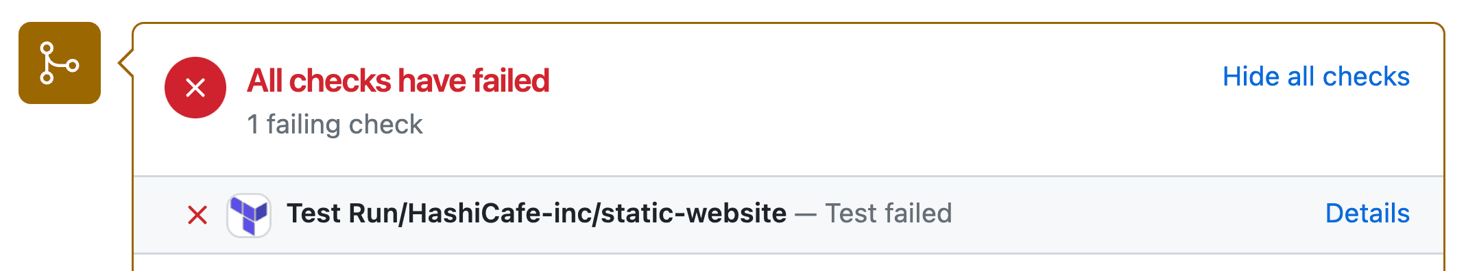 An example of a test result posted back to a GitHub pull request