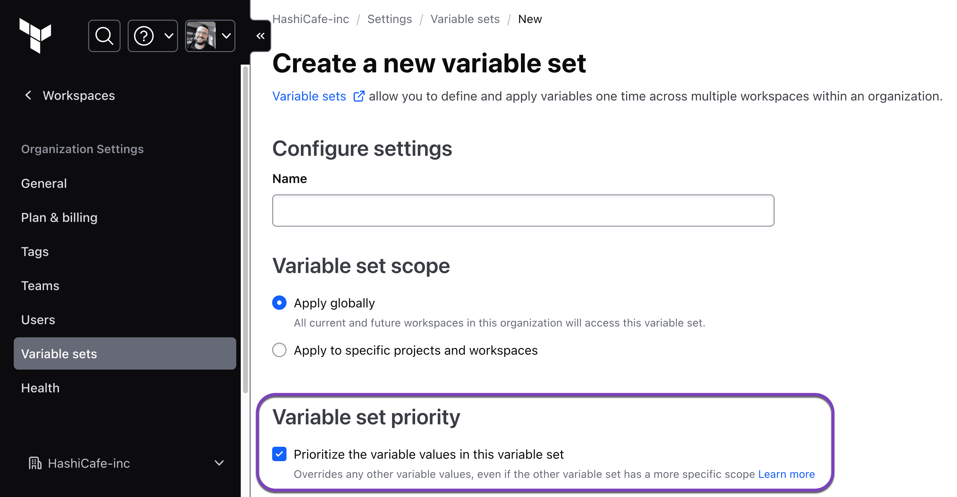 Enable variable set priority to enforce variable values