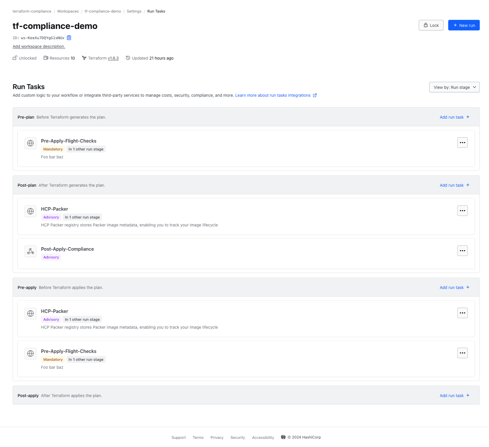 Viewing workspace run tasks using the stage view