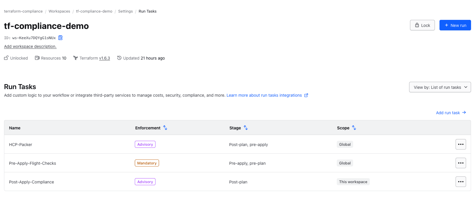 Viewing workspace run tasks using the list view