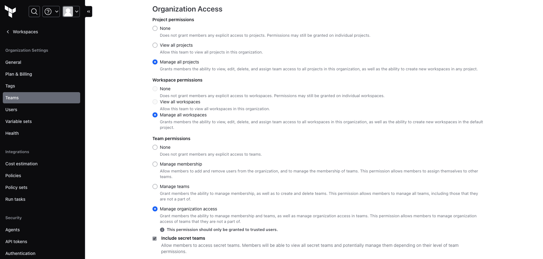 Grant permissions to specific teams to create, read, update, and delete teams.