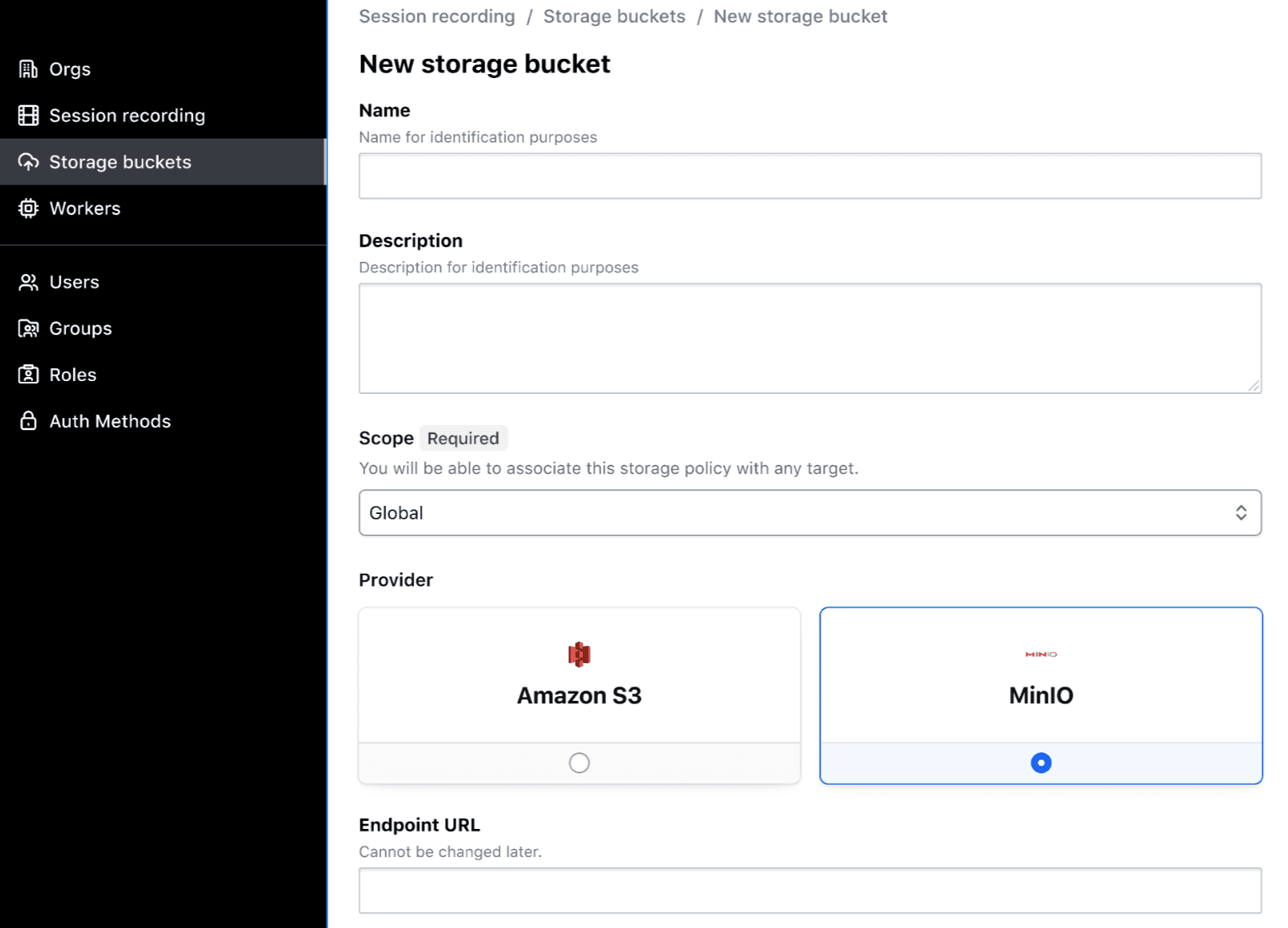Session recording storage buckets now display two provider options: Amazon S3 and MinIO.