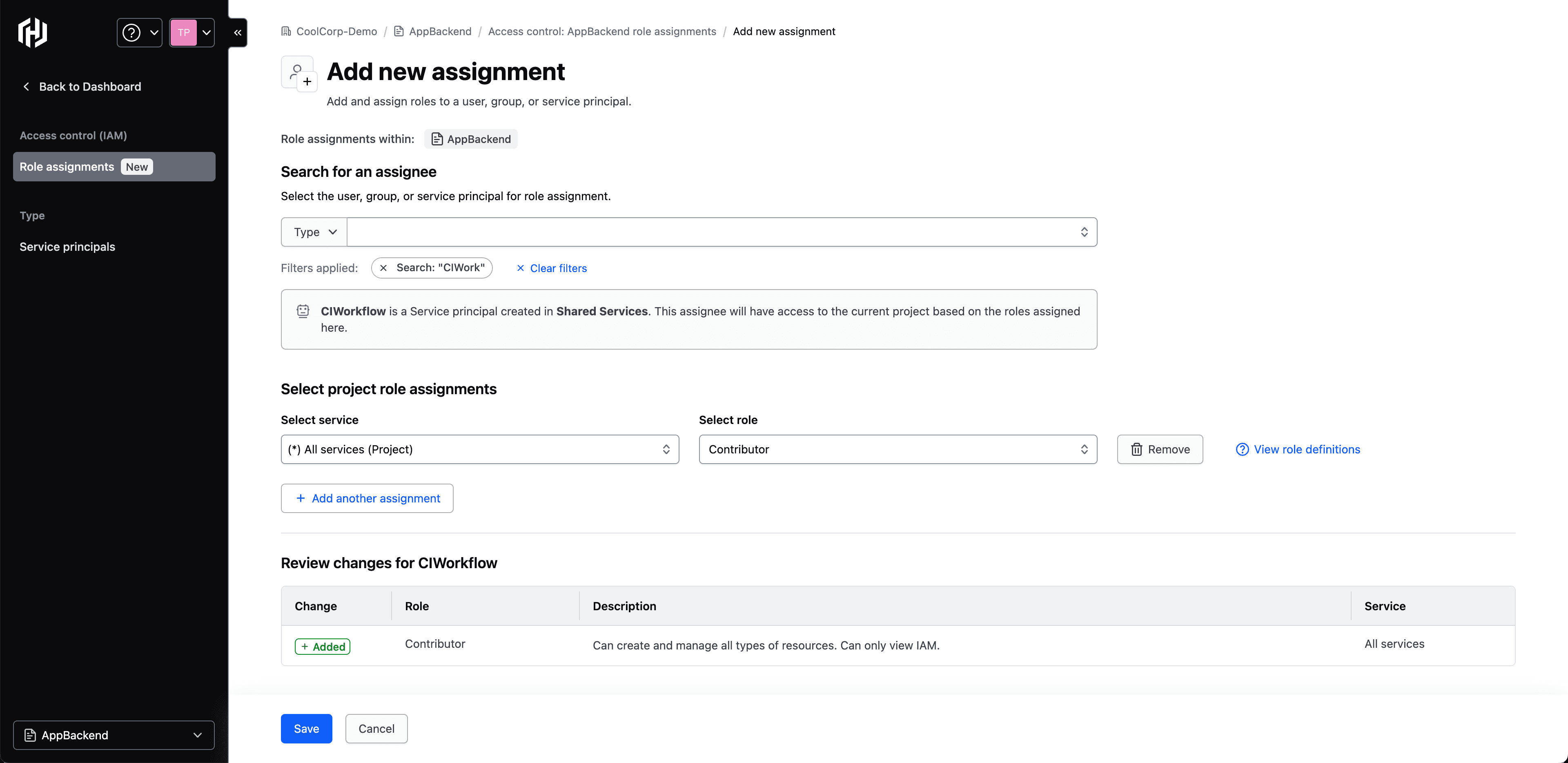 Assigning access to a project service principle