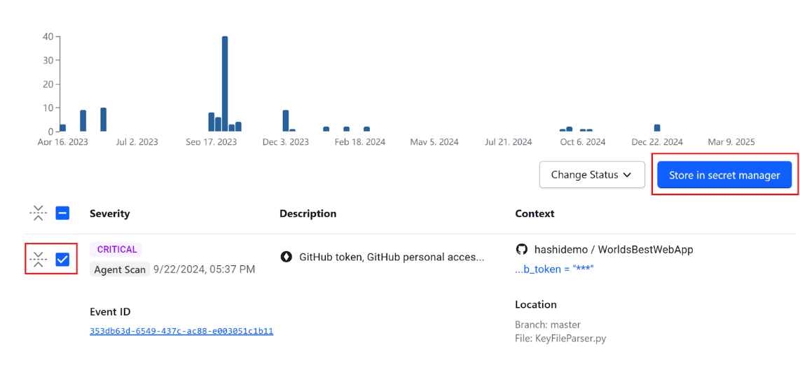 Vault Radar "Store in secret manager" button