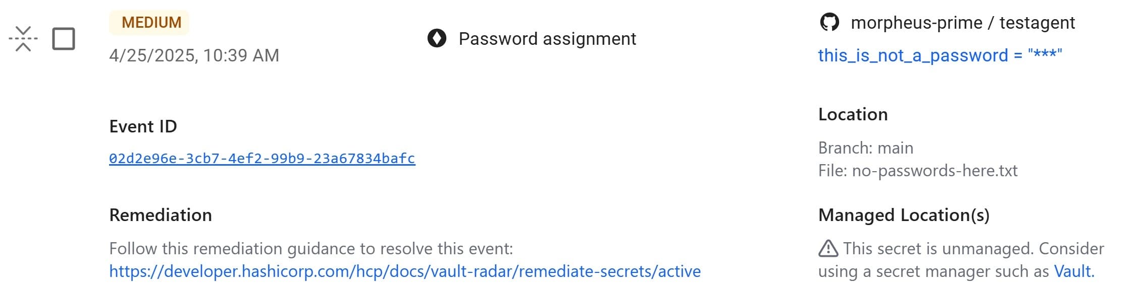 Metadata associated with an unmanaged secret in HCP Vault Radar
