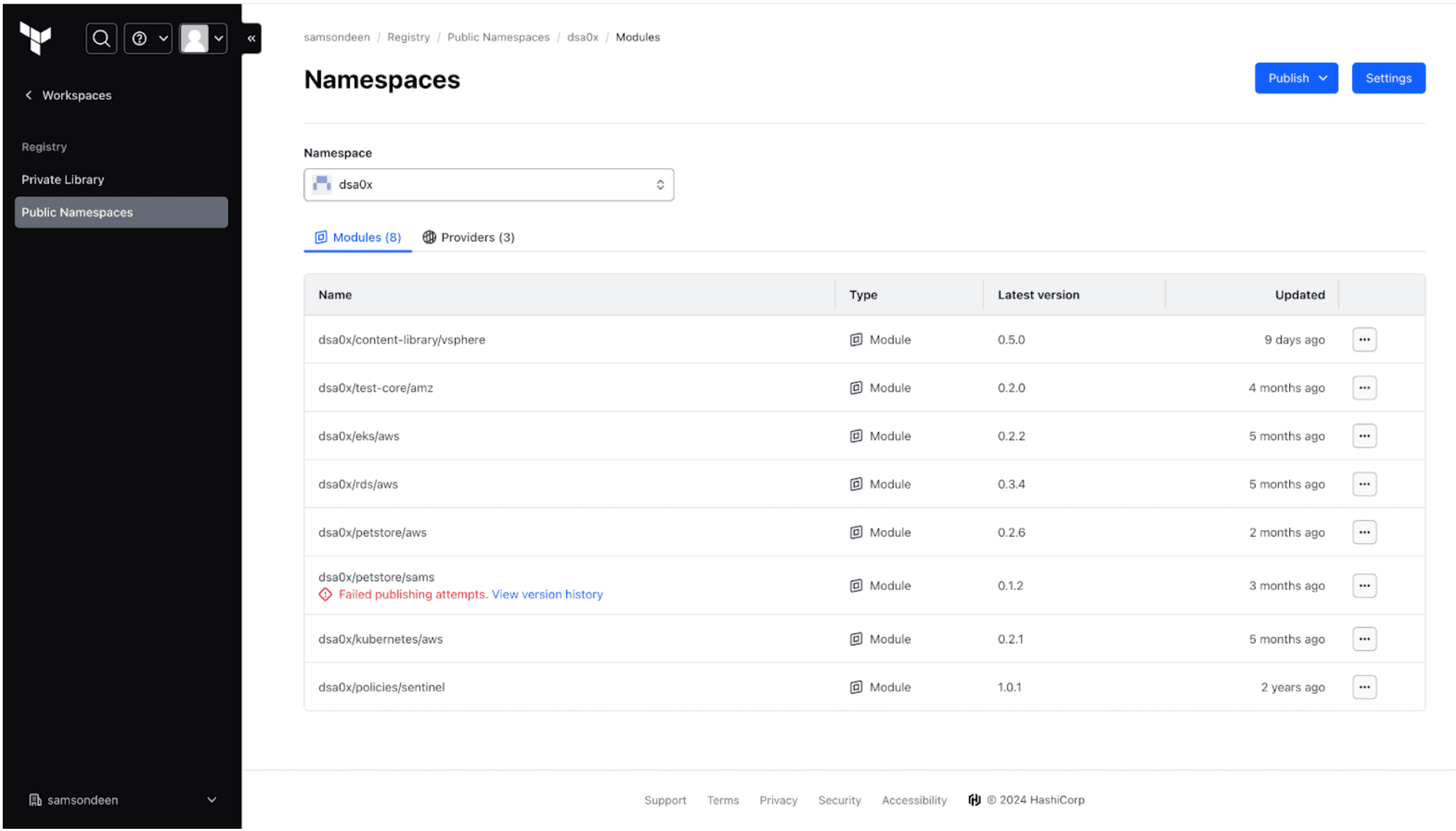 Dashboard to manage public modules and providers within your HCP Terraform organization’s Public Namespaces tab.