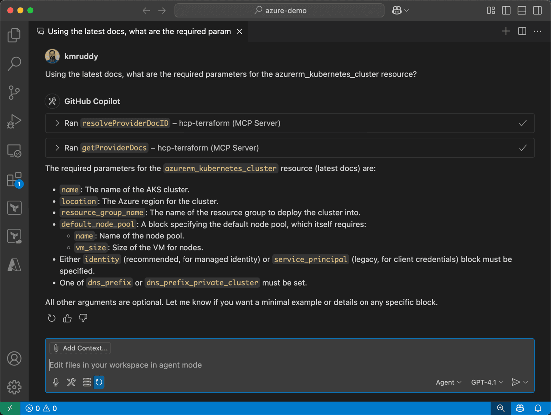 Terraform MCP server demo screenshot