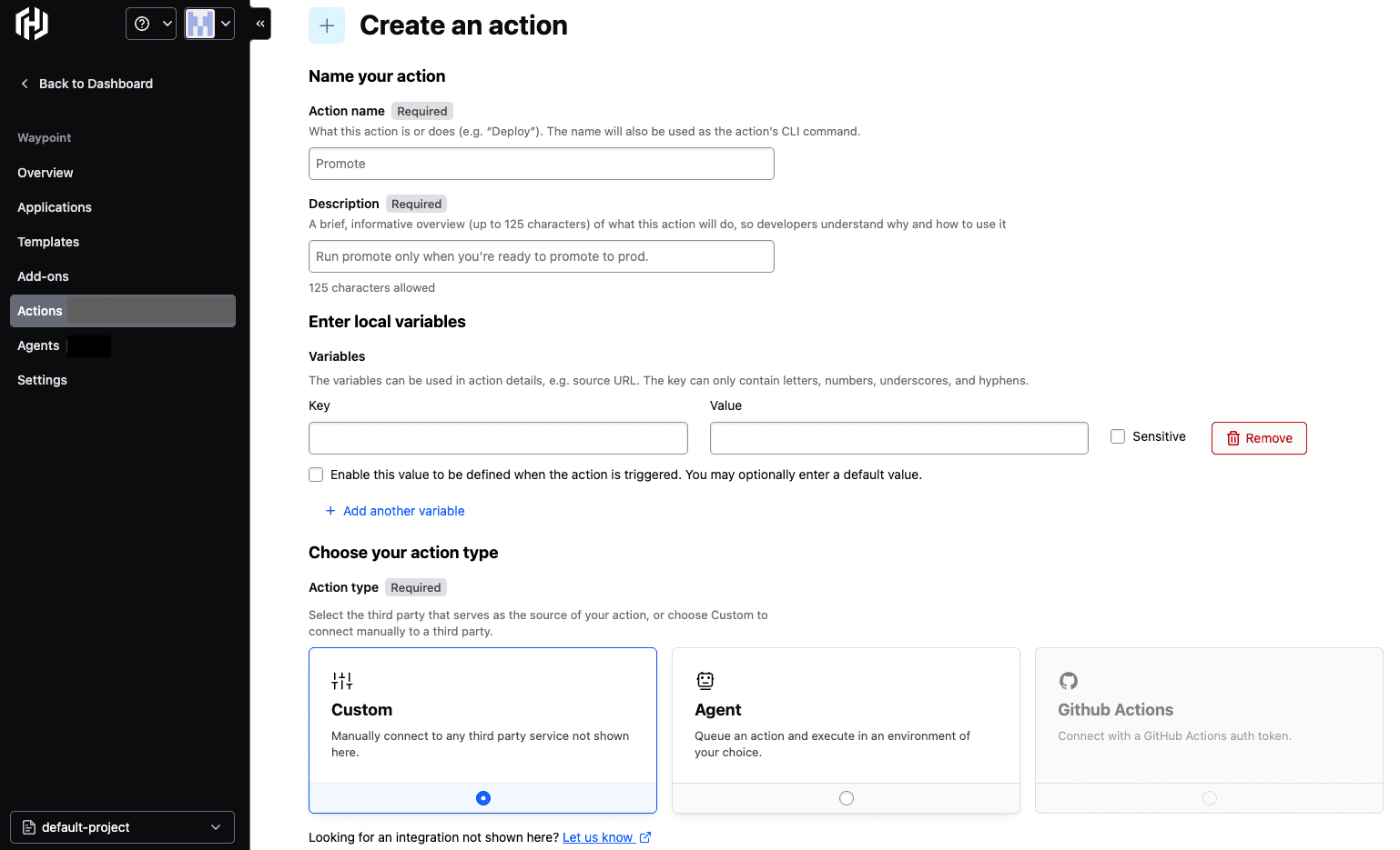 Creating an action in the HCP Waypoint UI GA