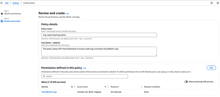 Review and create IAM policy