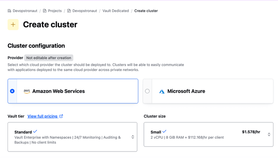 Create cluster page