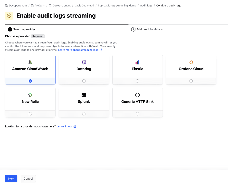 Selecting Amazon CloudWatch
