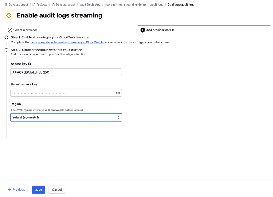 Log streaming credentials