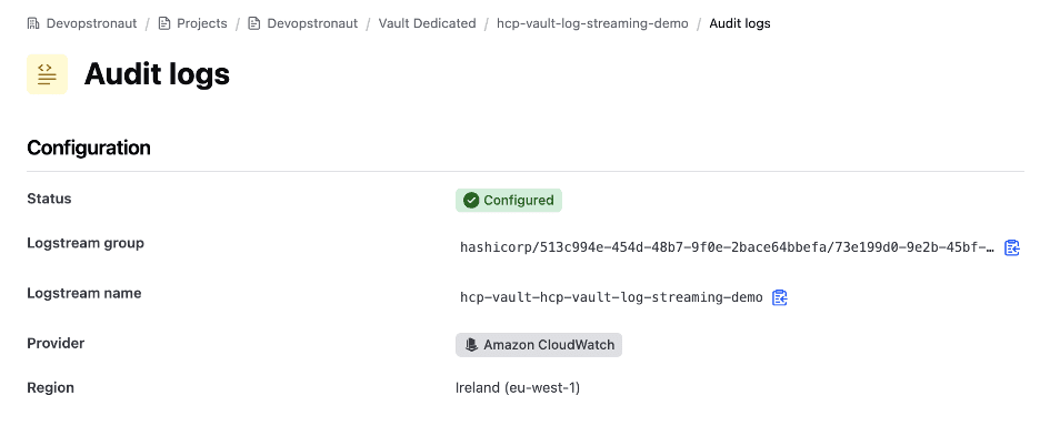 Log streaming configured