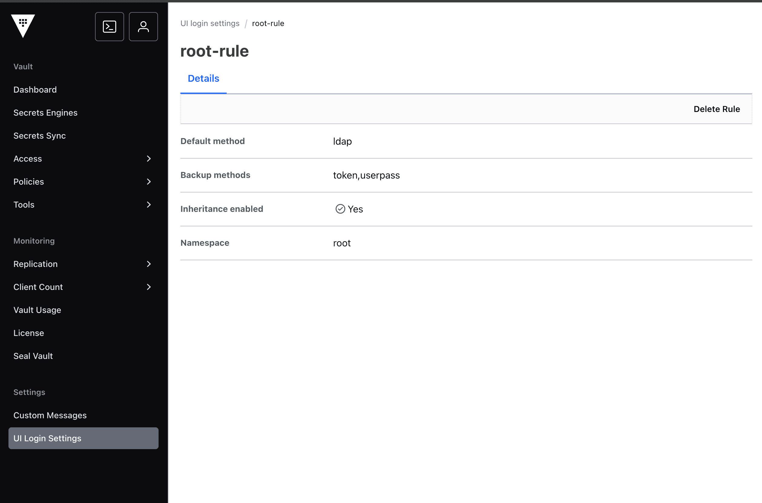 Vault namespace login settings