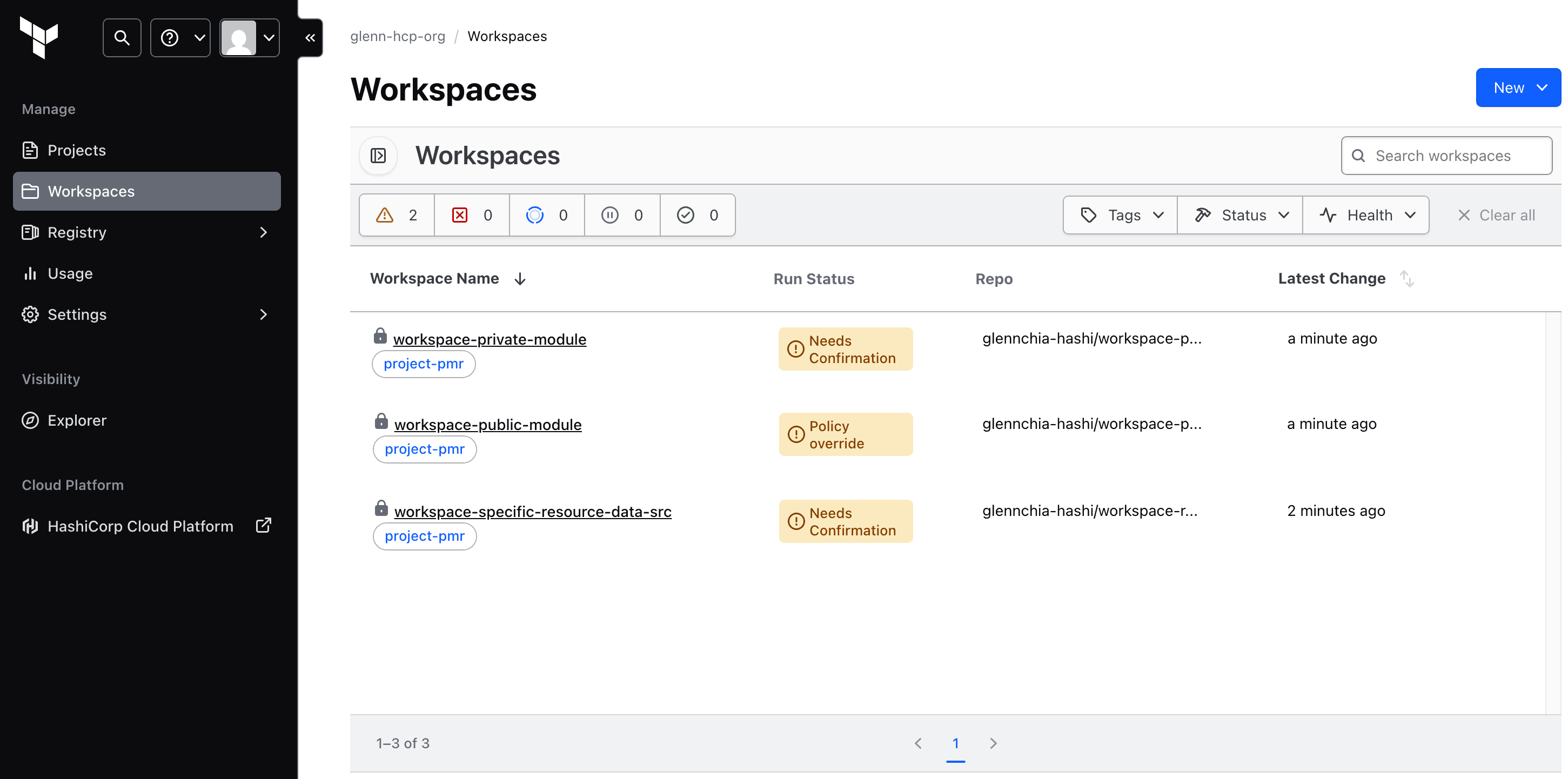 Workspaces list
